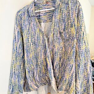 Pilcro Multicolor Watercolor Blouse in Blue, Pink & Yellow
